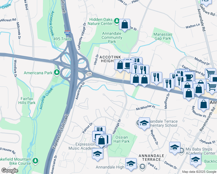 map of restaurants, bars, coffee shops, grocery stores, and more near 4227 Americana Drive in Annandale