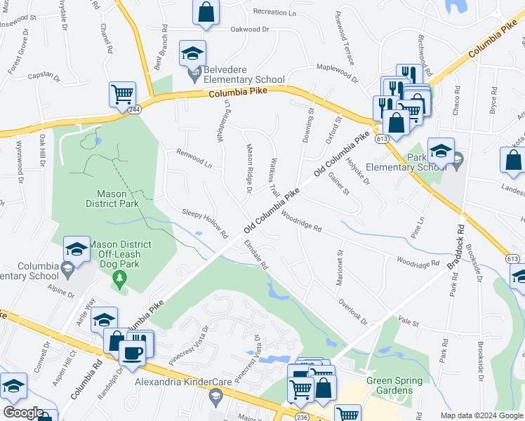 map of restaurants, bars, coffee shops, grocery stores, and more near 4214 Old Columbia Pike in Annandale