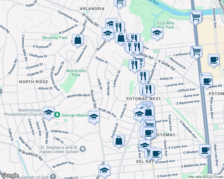 map of restaurants, bars, coffee shops, grocery stores, and more near 2932 Landover Street in Alexandria