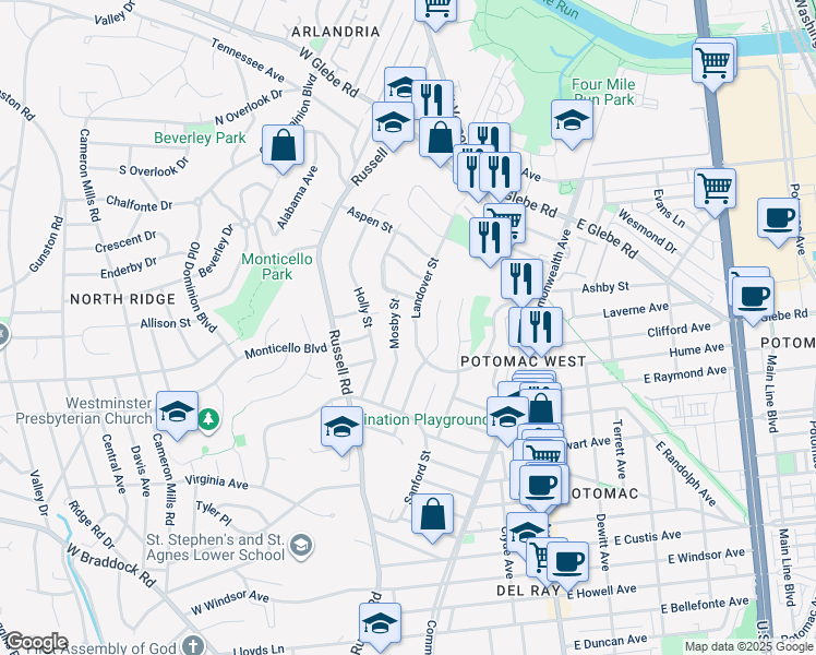 map of restaurants, bars, coffee shops, grocery stores, and more near 2932 Landover Street in Alexandria