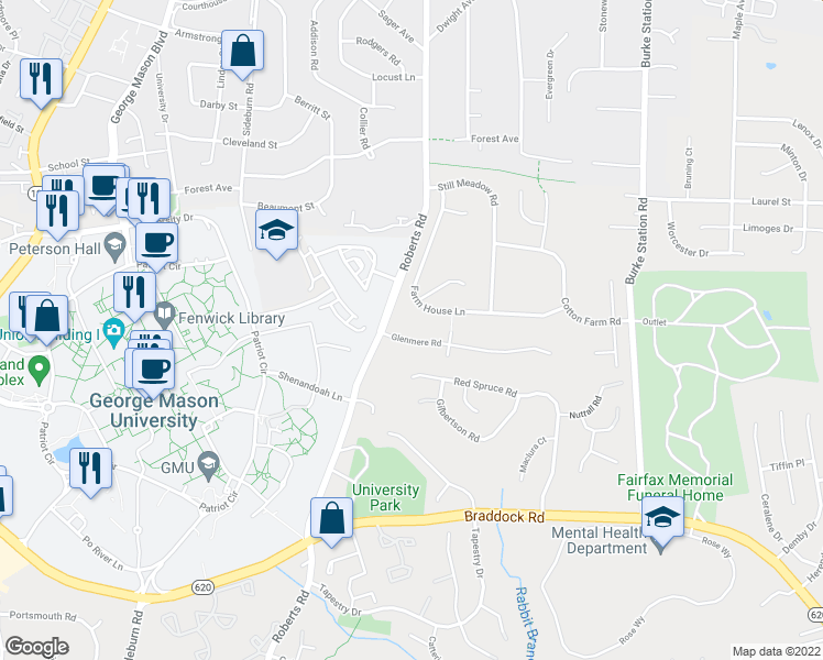 map of restaurants, bars, coffee shops, grocery stores, and more near 10128 Glenmere Road in Fairfax