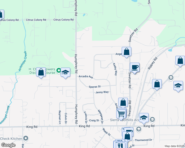 map of restaurants, bars, coffee shops, grocery stores, and more near 5611 Angelo Drive in Loomis