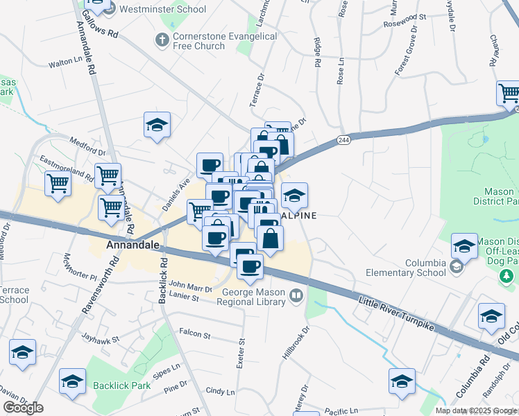 map of restaurants, bars, coffee shops, grocery stores, and more near 4201 John Marr Drive in Annandale
