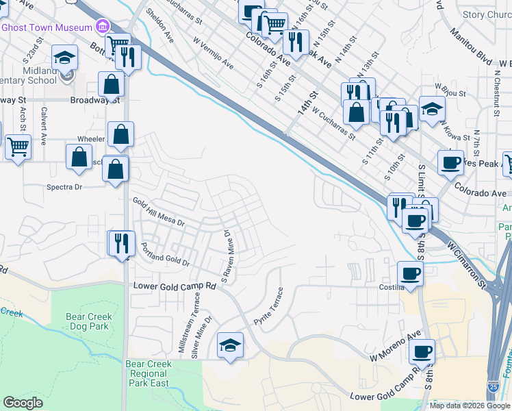 map of restaurants, bars, coffee shops, grocery stores, and more near 1197 Solitaire Street in Colorado Springs