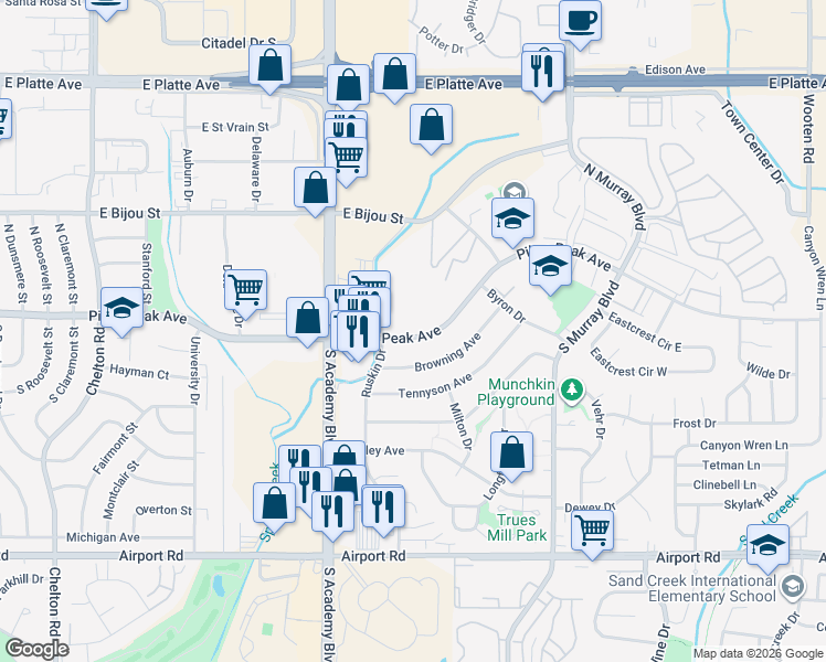 map of restaurants, bars, coffee shops, grocery stores, and more near 3920 East Pikes Peak Avenue in Colorado Springs