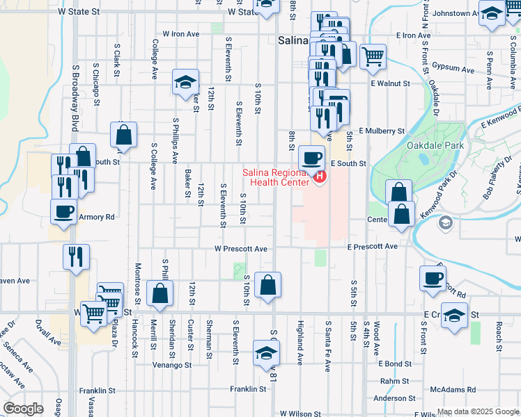 map of restaurants, bars, coffee shops, grocery stores, and more near 503 South 10th Street in Salina