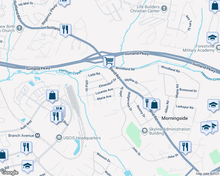 map of restaurants, bars, coffee shops, grocery stores, and more near 6028 Lucente Avenue in Camp Springs