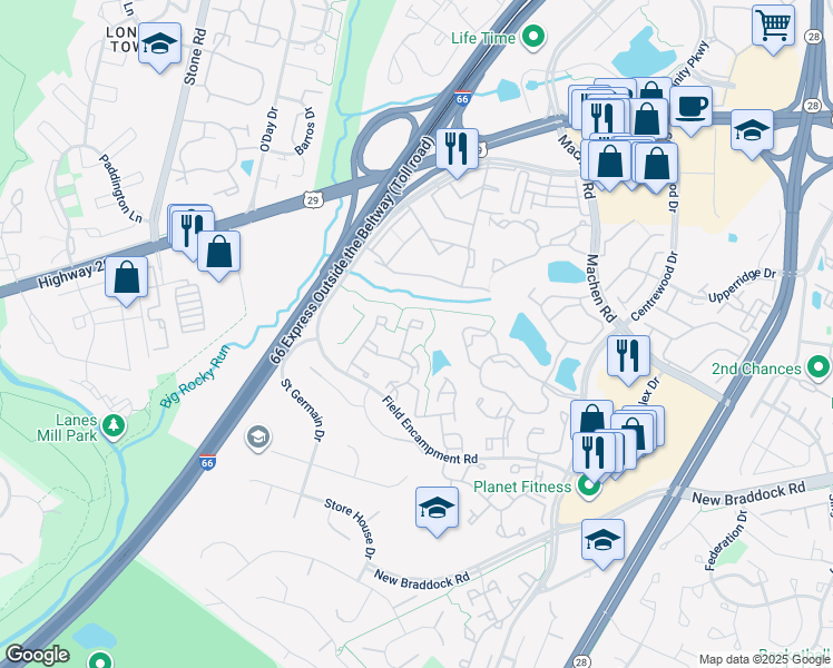 map of restaurants, bars, coffee shops, grocery stores, and more near 6259 Clay Pipe Court in Centreville