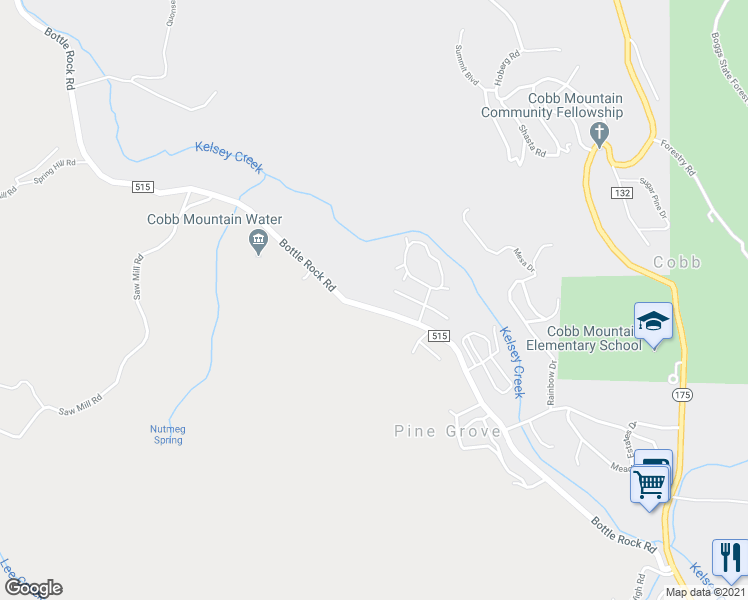 map of restaurants, bars, coffee shops, grocery stores, and more near 15780 Bottle Rock Road in Cobb