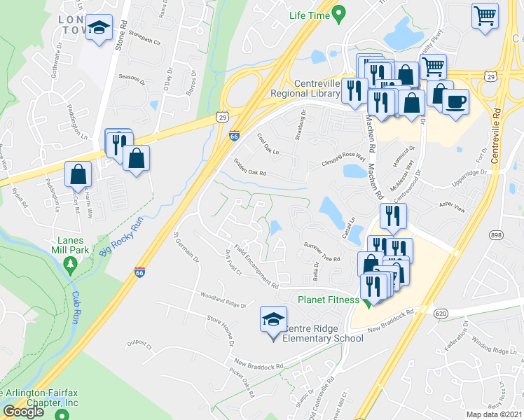 map of restaurants, bars, coffee shops, grocery stores, and more near 6257 Clay Pipe Court in Centreville