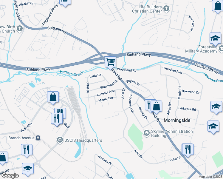 map of restaurants, bars, coffee shops, grocery stores, and more near 6028 Lucente Avenue in Camp Springs