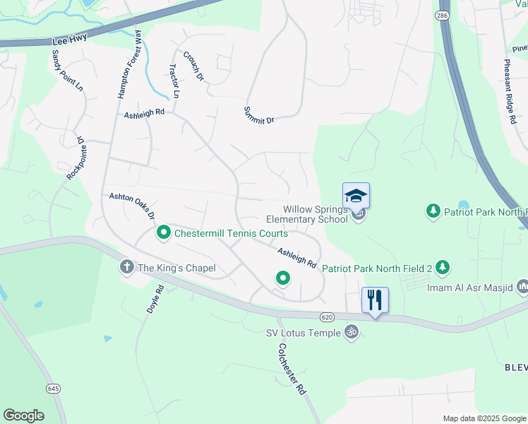 map of restaurants, bars, coffee shops, grocery stores, and more near 12750 Ashleigh Court in Fairfax