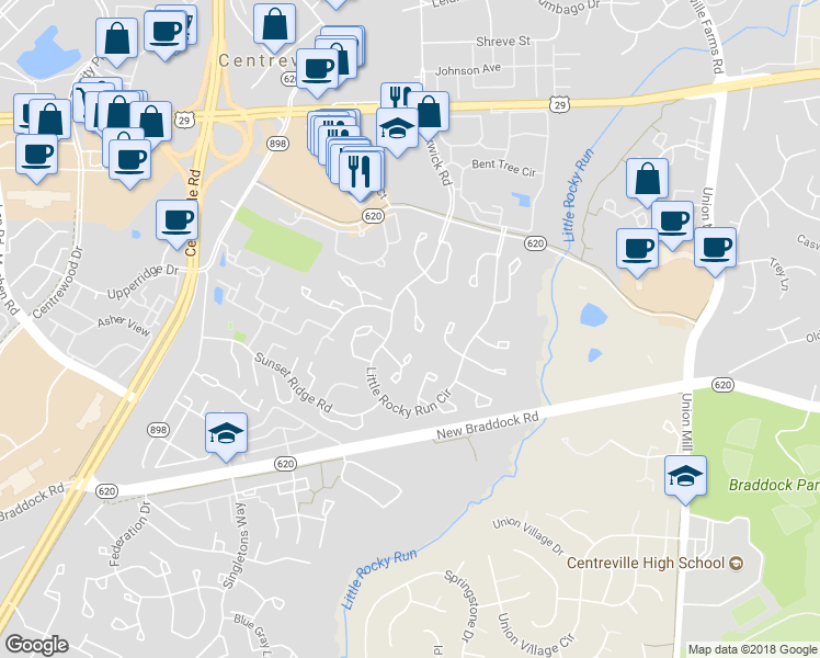 map of restaurants, bars, coffee shops, grocery stores, and more near 5936 Wild Brook Court in Centreville