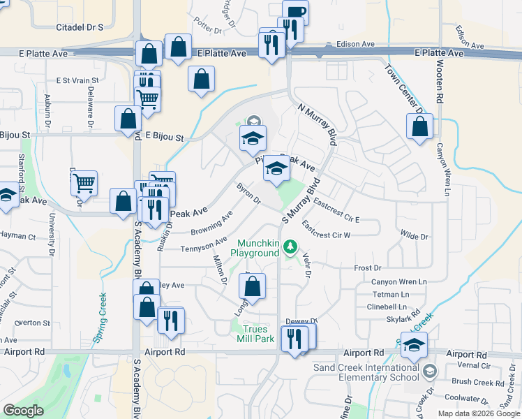 map of restaurants, bars, coffee shops, grocery stores, and more near 208 Byron Drive in Colorado Springs