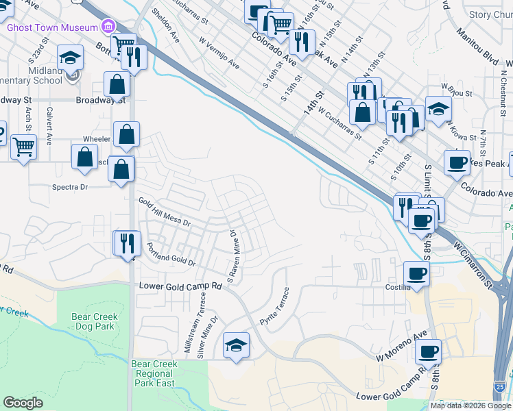 map of restaurants, bars, coffee shops, grocery stores, and more near 1197 Solitaire Street in Colorado Springs