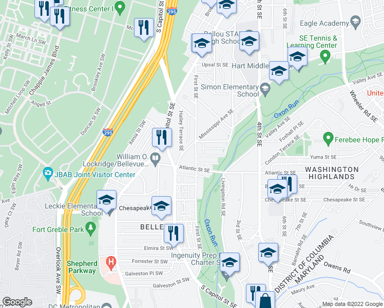 map of restaurants, bars, coffee shops, grocery stores, and more near 3924 1st Street Southeast in Washington