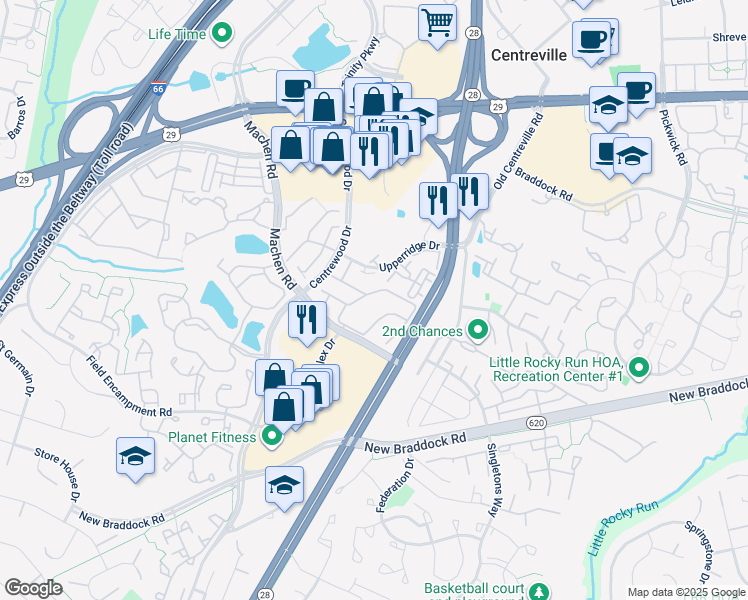 map of restaurants, bars, coffee shops, grocery stores, and more near 14155 Asher View in Centreville