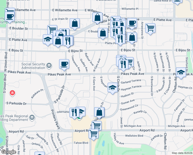 map of restaurants, bars, coffee shops, grocery stores, and more near 11 South Garo Avenue in Colorado Springs