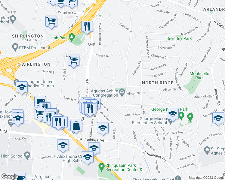map of restaurants, bars, coffee shops, grocery stores, and more near 3106 Ravensworth Place in Alexandria