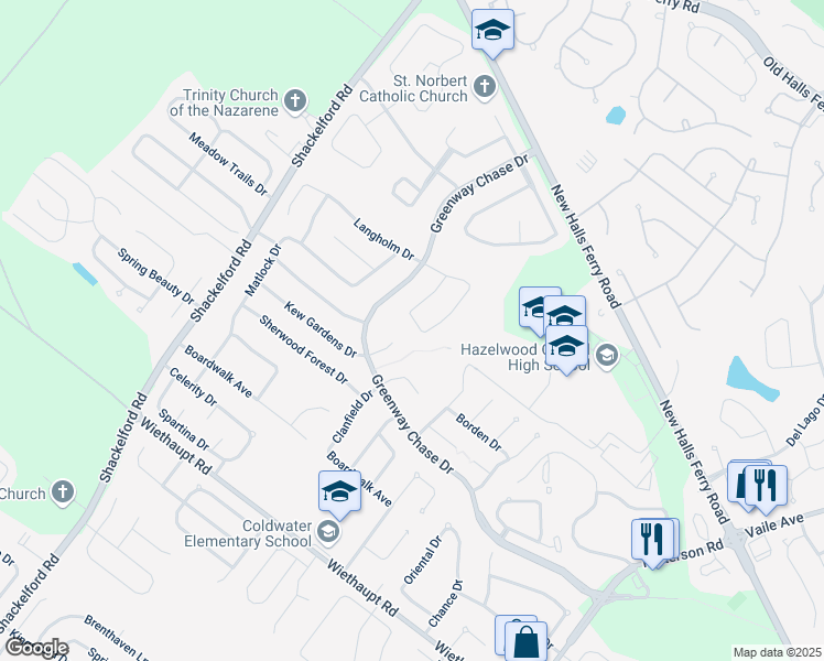 map of restaurants, bars, coffee shops, grocery stores, and more near 1353 Mowing Green Drive in Florissant