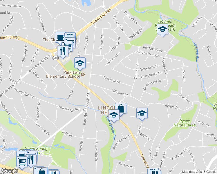 map of restaurants, bars, coffee shops, grocery stores, and more near 6350 Hillcrest Place in Alexandria