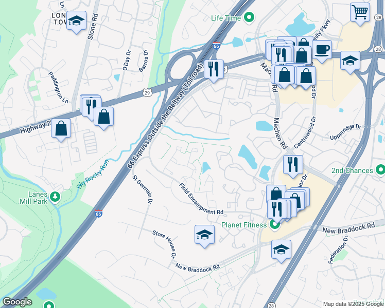 map of restaurants, bars, coffee shops, grocery stores, and more near 6265 Clay Pipe Court in Centreville