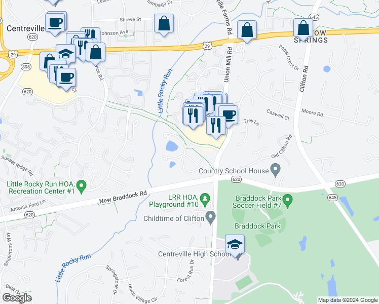 map of restaurants, bars, coffee shops, grocery stores, and more near 13519 Orchard Drive in Clifton
