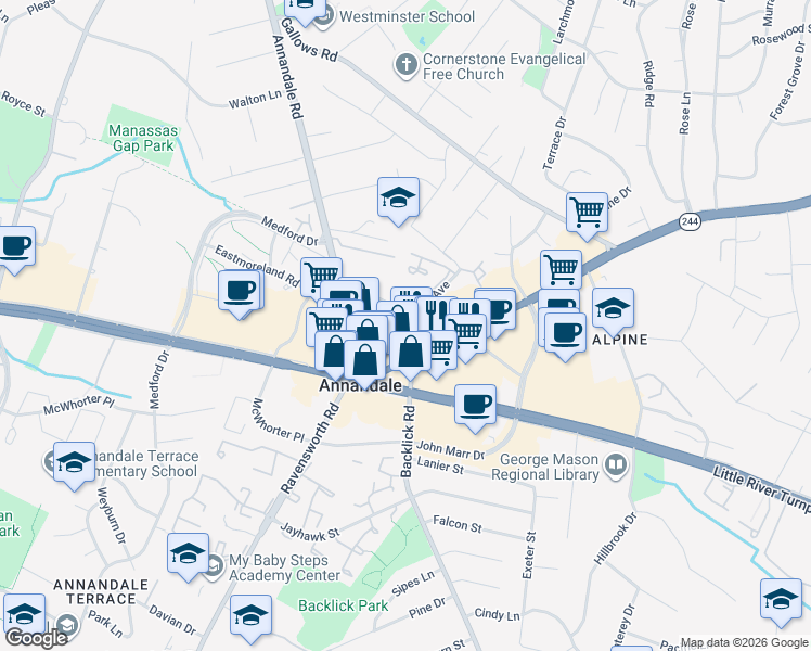 map of restaurants, bars, coffee shops, grocery stores, and more near 4206 Daniels Avenue in Annandale