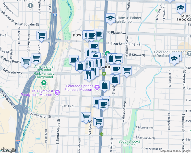 map of restaurants, bars, coffee shops, grocery stores, and more near 115 Colorado Avenue in Colorado Springs