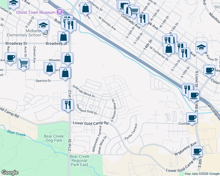 map of restaurants, bars, coffee shops, grocery stores, and more near 1336 Solitaire Street in Colorado Springs