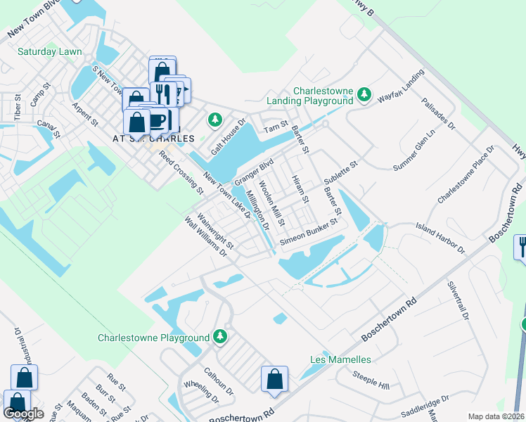 map of restaurants, bars, coffee shops, grocery stores, and more near 3437 Woolen Mill Street in Saint Charles