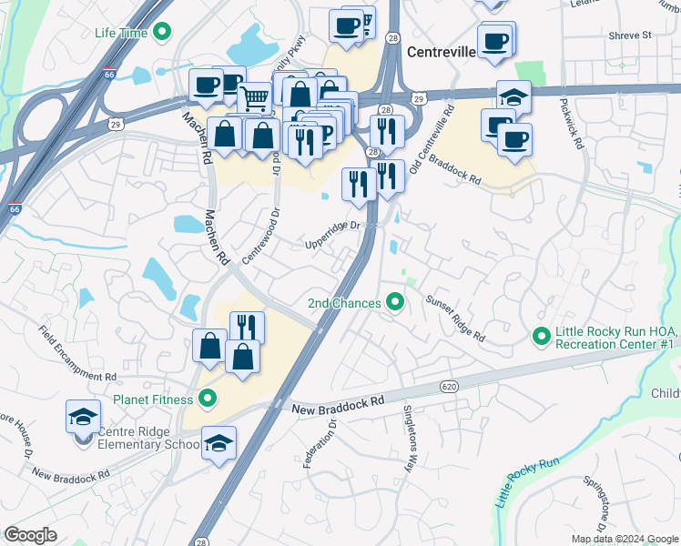 map of restaurants, bars, coffee shops, grocery stores, and more near 6088 Sara Marie Terrace in Centreville