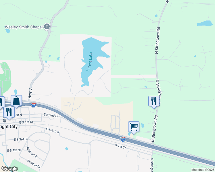map of restaurants, bars, coffee shops, grocery stores, and more near 11 Forest Lake Drive in Wright City