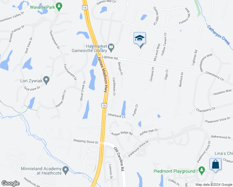 map of restaurants, bars, coffee shops, grocery stores, and more near 5713 Caribbean Court in Haymarket