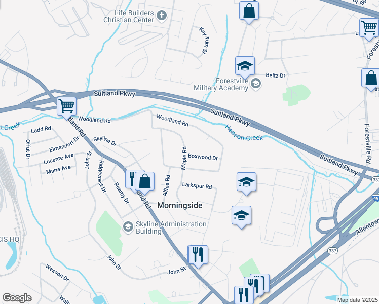 map of restaurants, bars, coffee shops, grocery stores, and more near 6702 Boxwood Drive in Morningside