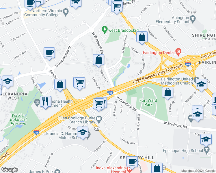 map of restaurants, bars, coffee shops, grocery stores, and more near 4600 Kirkland Place in Alexandria