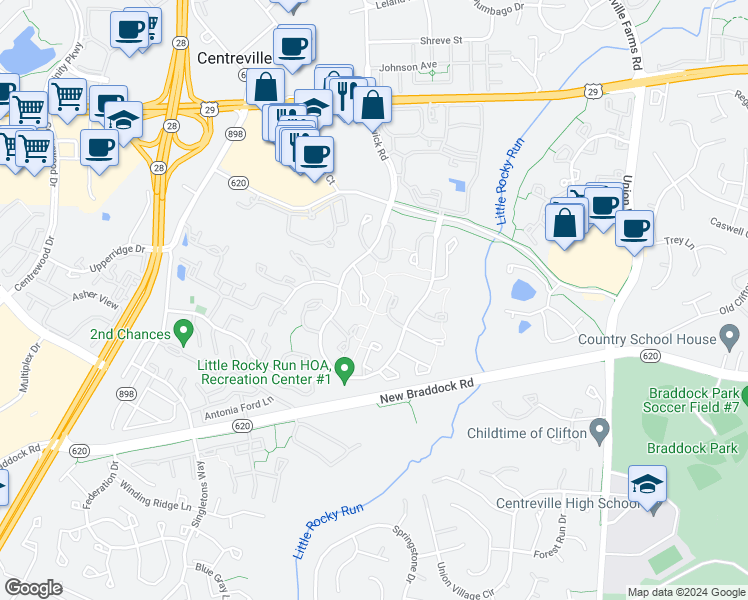 map of restaurants, bars, coffee shops, grocery stores, and more near 5931 Wild Brook Court in Centreville