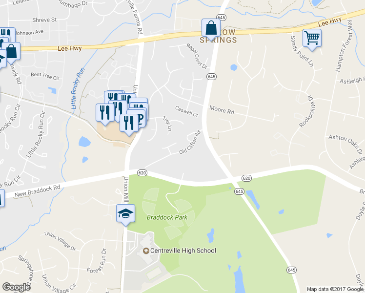 map of restaurants, bars, coffee shops, grocery stores, and more near 13303 Sturno Drive in Clifton