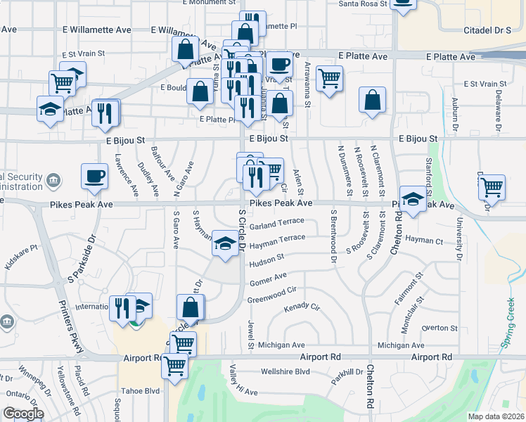 map of restaurants, bars, coffee shops, grocery stores, and more near 2827 East Pikes Peak Avenue in Colorado Springs