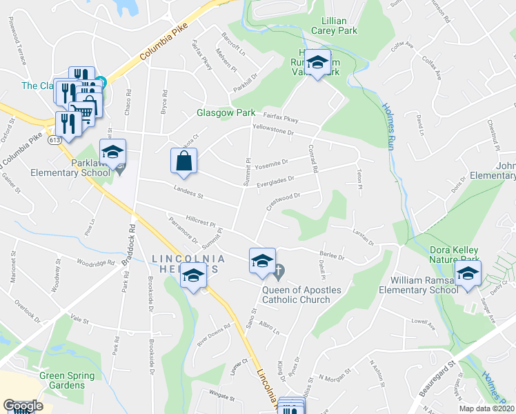 map of restaurants, bars, coffee shops, grocery stores, and more near 6224 Crestwood Drive in Alexandria
