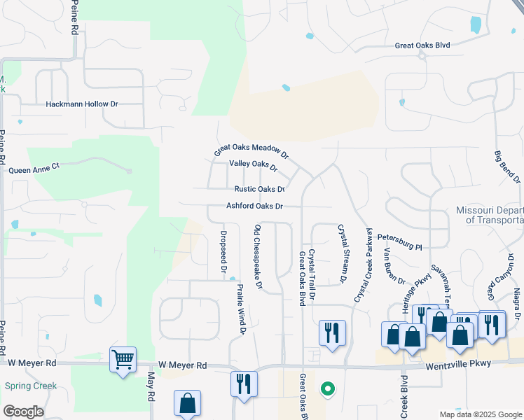 map of restaurants, bars, coffee shops, grocery stores, and more near 220 Ashford Oaks Drive in Wentzville