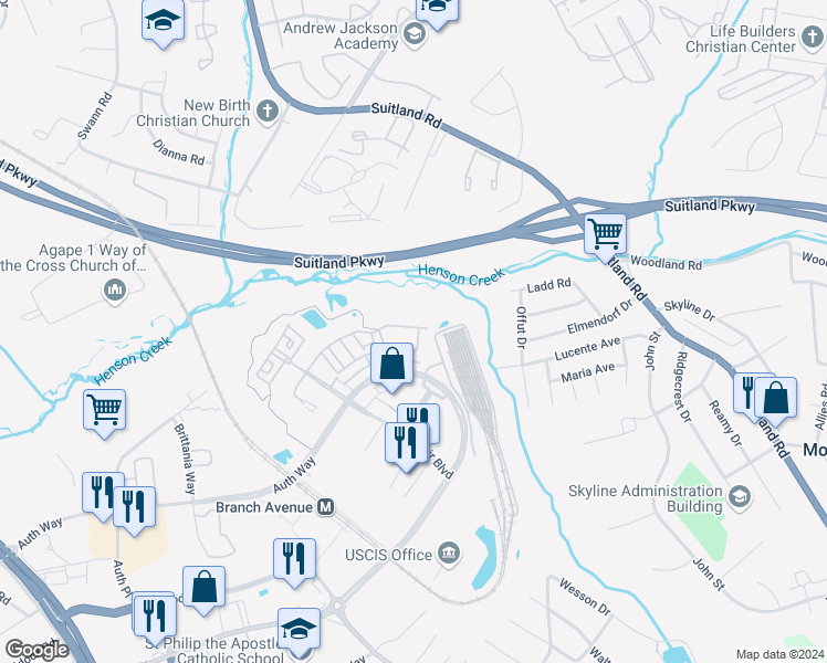 map of restaurants, bars, coffee shops, grocery stores, and more near 5746 Lanier Avenue in Camp Springs