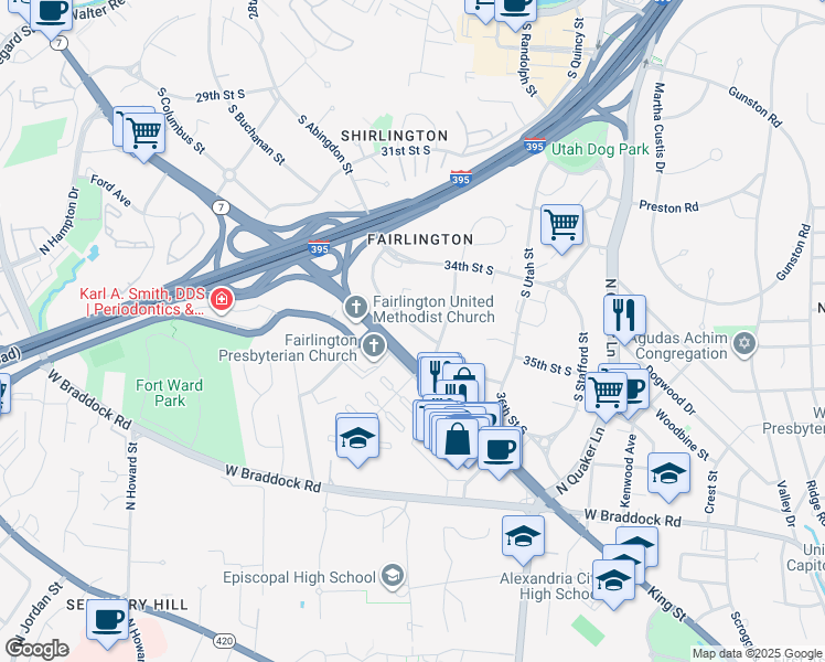 map of restaurants, bars, coffee shops, grocery stores, and more near 4622 36th Street South in Arlington