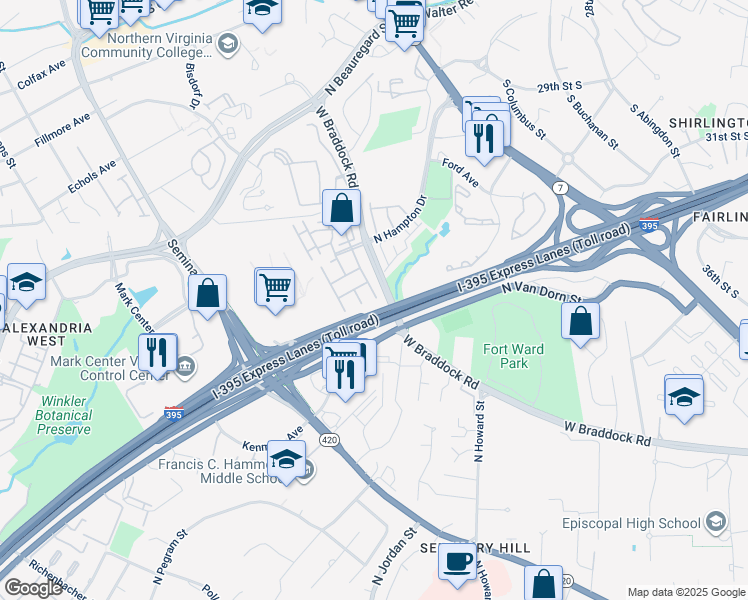 map of restaurants, bars, coffee shops, grocery stores, and more near 4600 Kirkland Place in Alexandria
