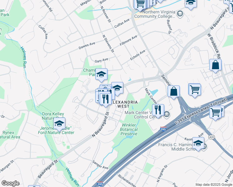 map of restaurants, bars, coffee shops, grocery stores, and more near 1703 North Beauregard Street in Alexandria