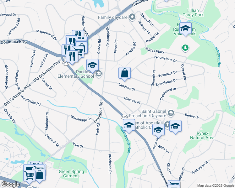 map of restaurants, bars, coffee shops, grocery stores, and more near 6356 Hillcrest Place in Alexandria