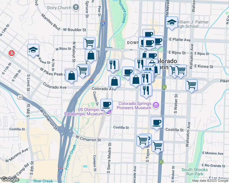 map of restaurants, bars, coffee shops, grocery stores, and more near 110A South Sierra Madre Street in Colorado Springs
