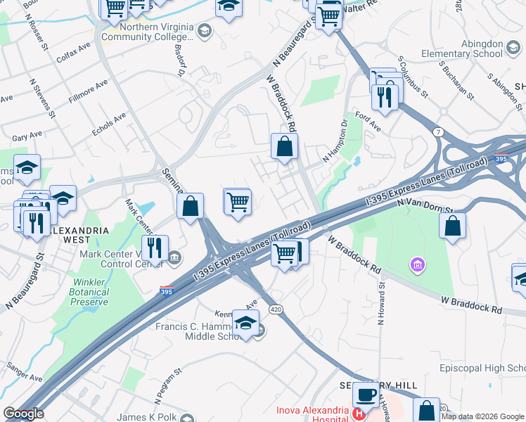 map of restaurants, bars, coffee shops, grocery stores, and more near 4921 Seminary Road in Alexandria