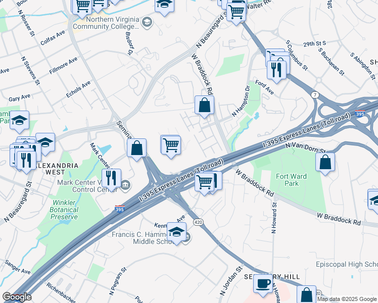 map of restaurants, bars, coffee shops, grocery stores, and more near 4921 Seminary Road in Alexandria