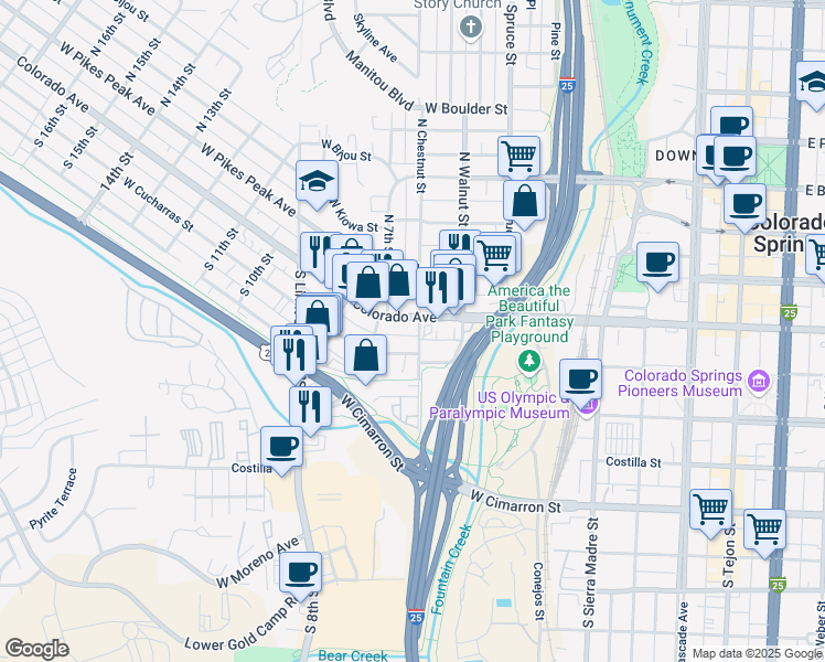 map of restaurants, bars, coffee shops, grocery stores, and more near 600-612 West Cucharras Street in Colorado Springs